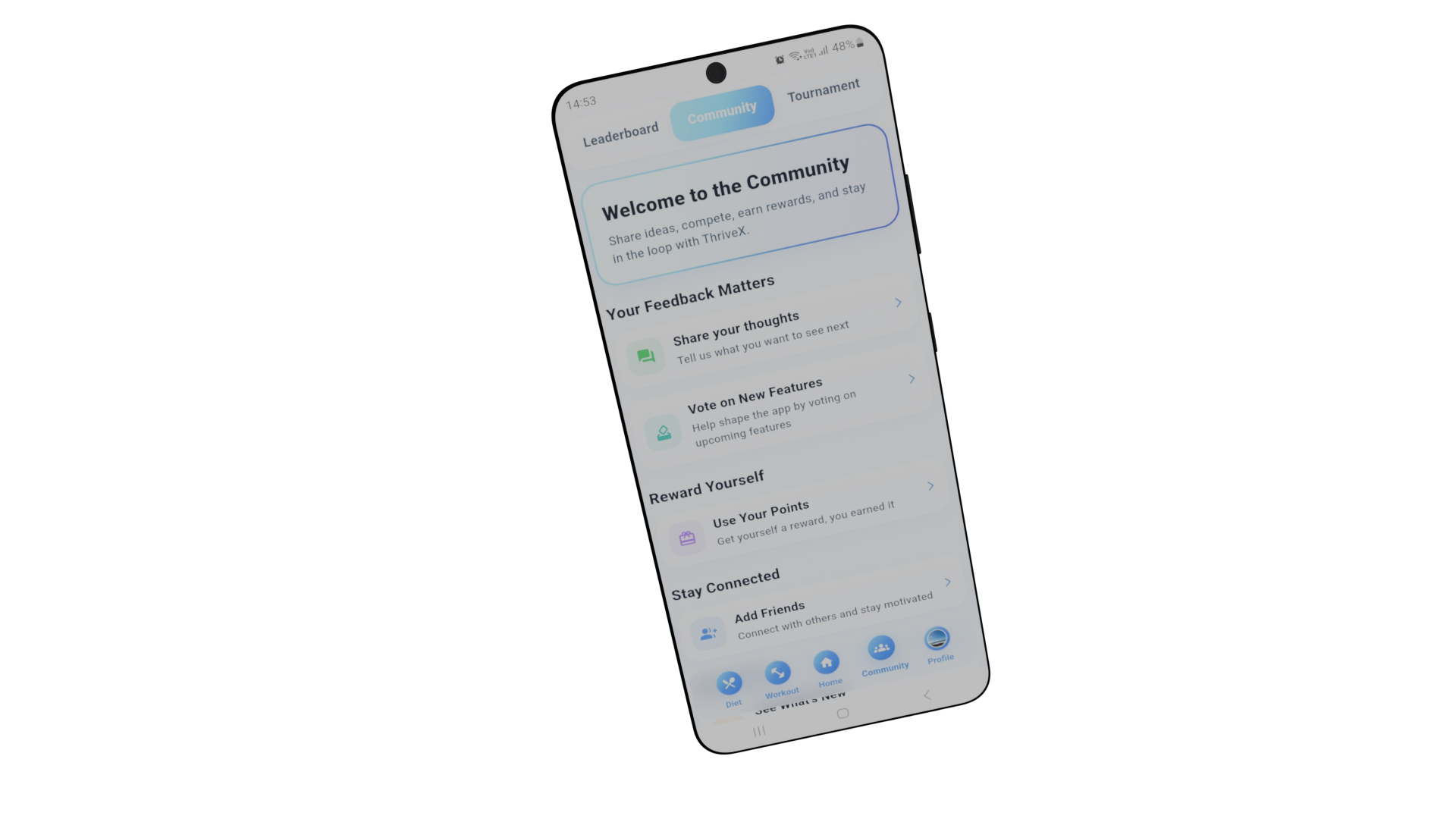 Goals · Progress · Community · Competition shown on Android