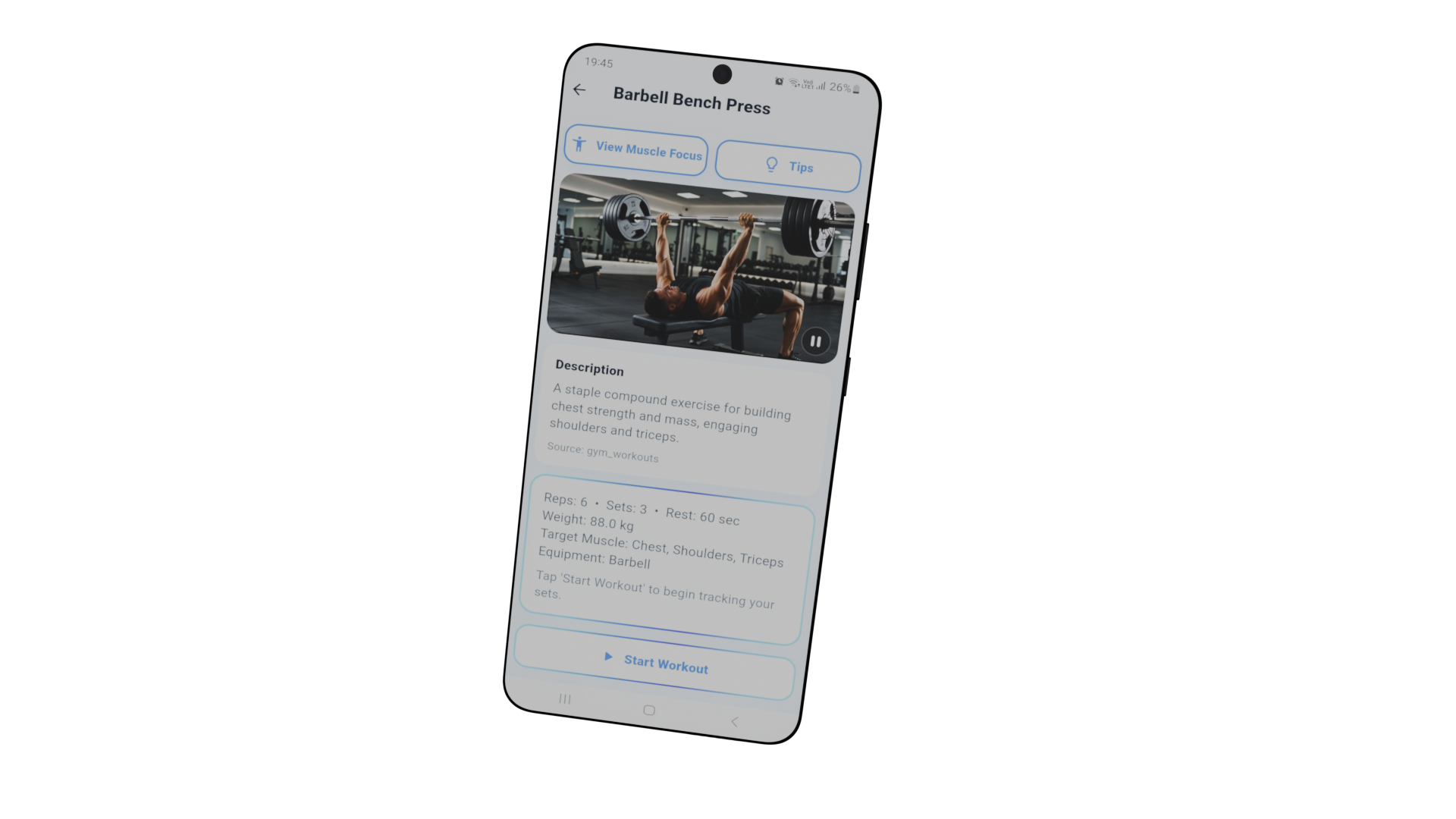 Workouts · Strength · Cardio · Training shown on Android